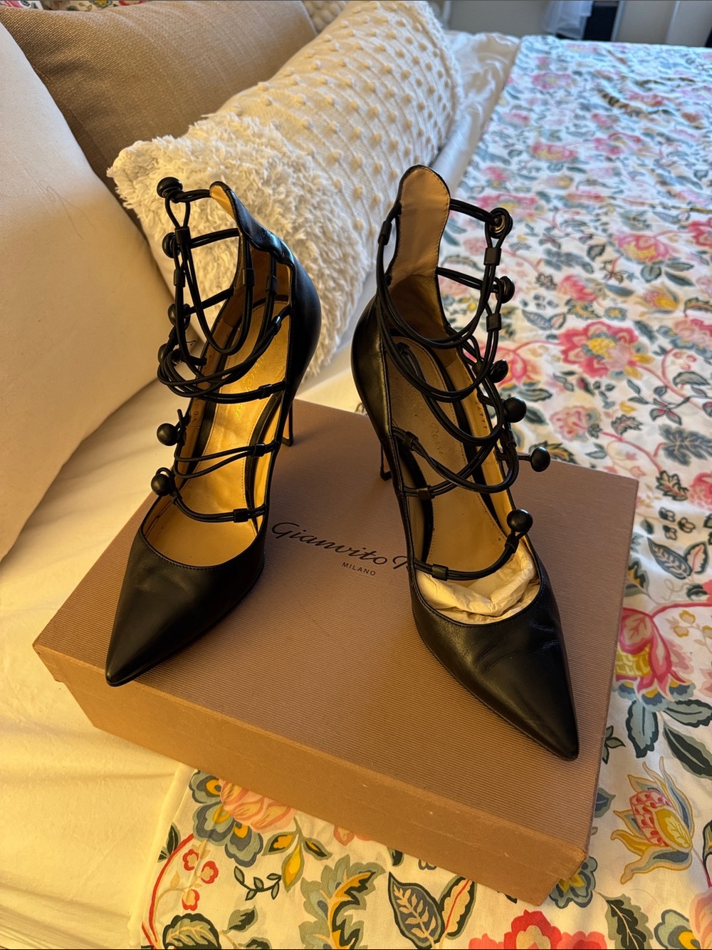 Gianvito Rossi Black Strappy Lace-Up Pointed Pumps